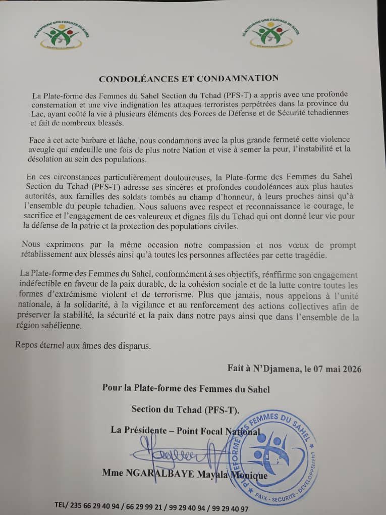 Communiqué Officiel Condoléances PFS-Tchad